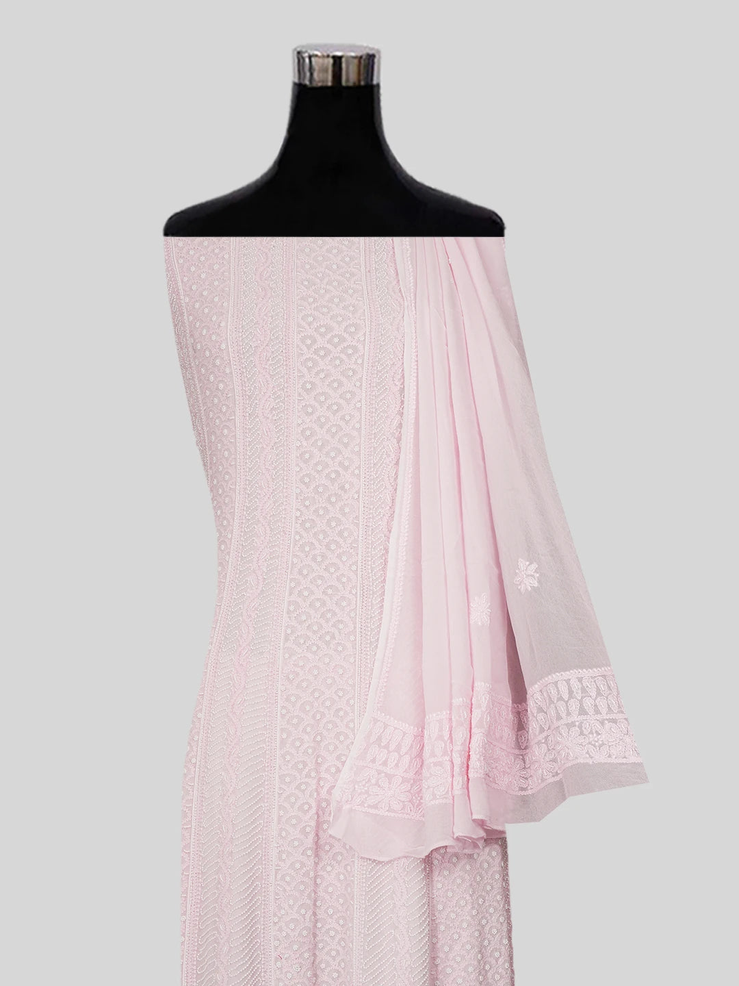 Ada Hand Embroidered Fairy Tale Pink Viscose Georgette Lucknowi Chikankari Semi-Stitched Anarkali Kurta Dupatta Set With Pearl Work 01A553910