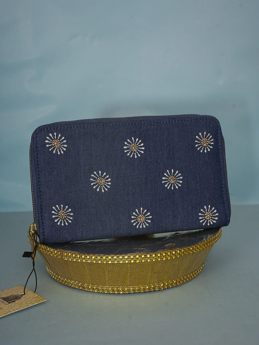 Ada Hand Embroidered Navy Blue Denim Lucknowi Chikankari Clutch With Zari Work 01A583850