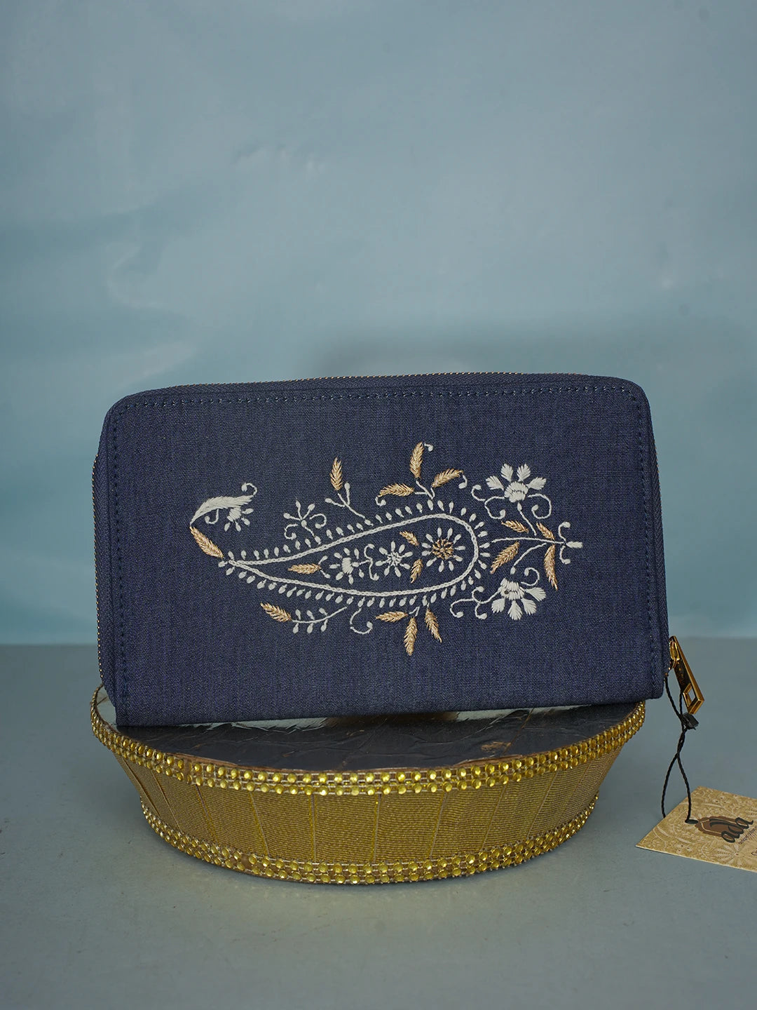 Ada Hand Embroidered Navy Blue Denim Lucknowi Chikankari Clutch With Zari Work 01A583850