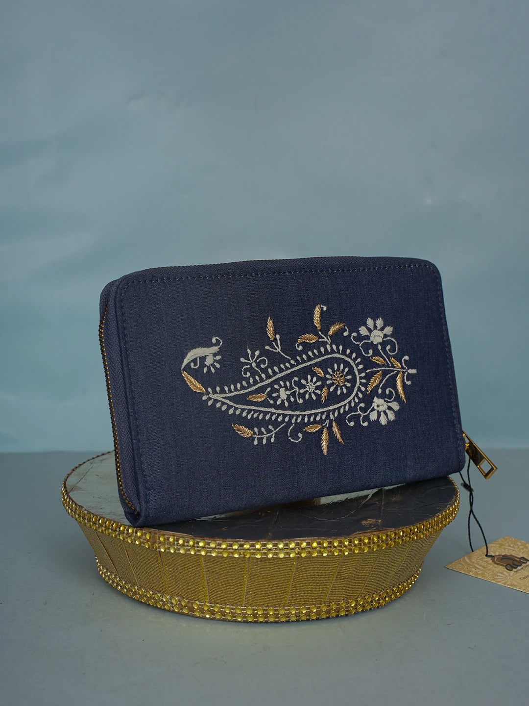 Ada Hand Embroidered Navy Blue Denim Lucknowi Chikankari Clutch With Zari Work 01A583850