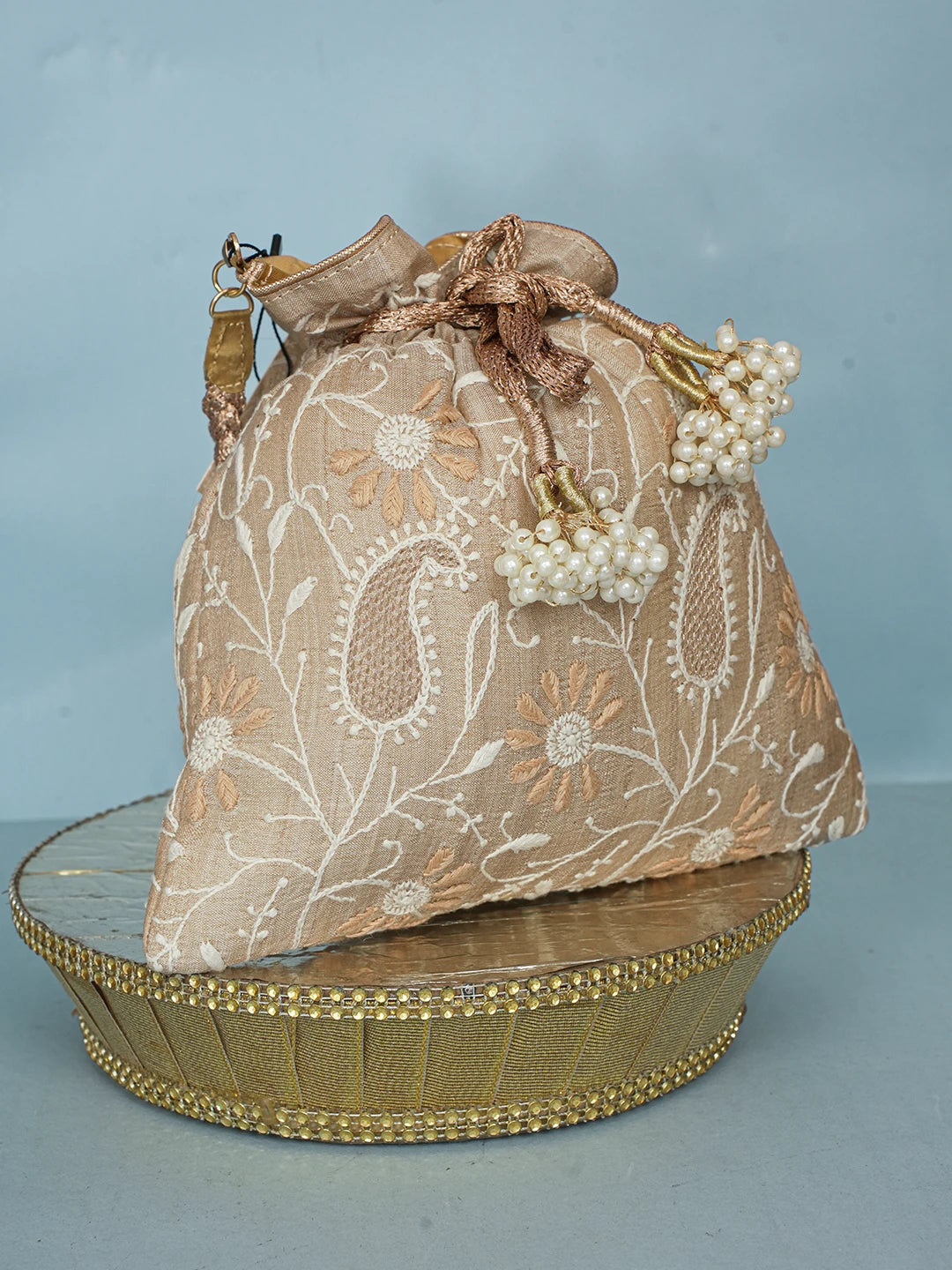 Ada Hand Embroidered Fawn Silk Lucknowi Chikankari Potli Bag With Zari Work 01A578122