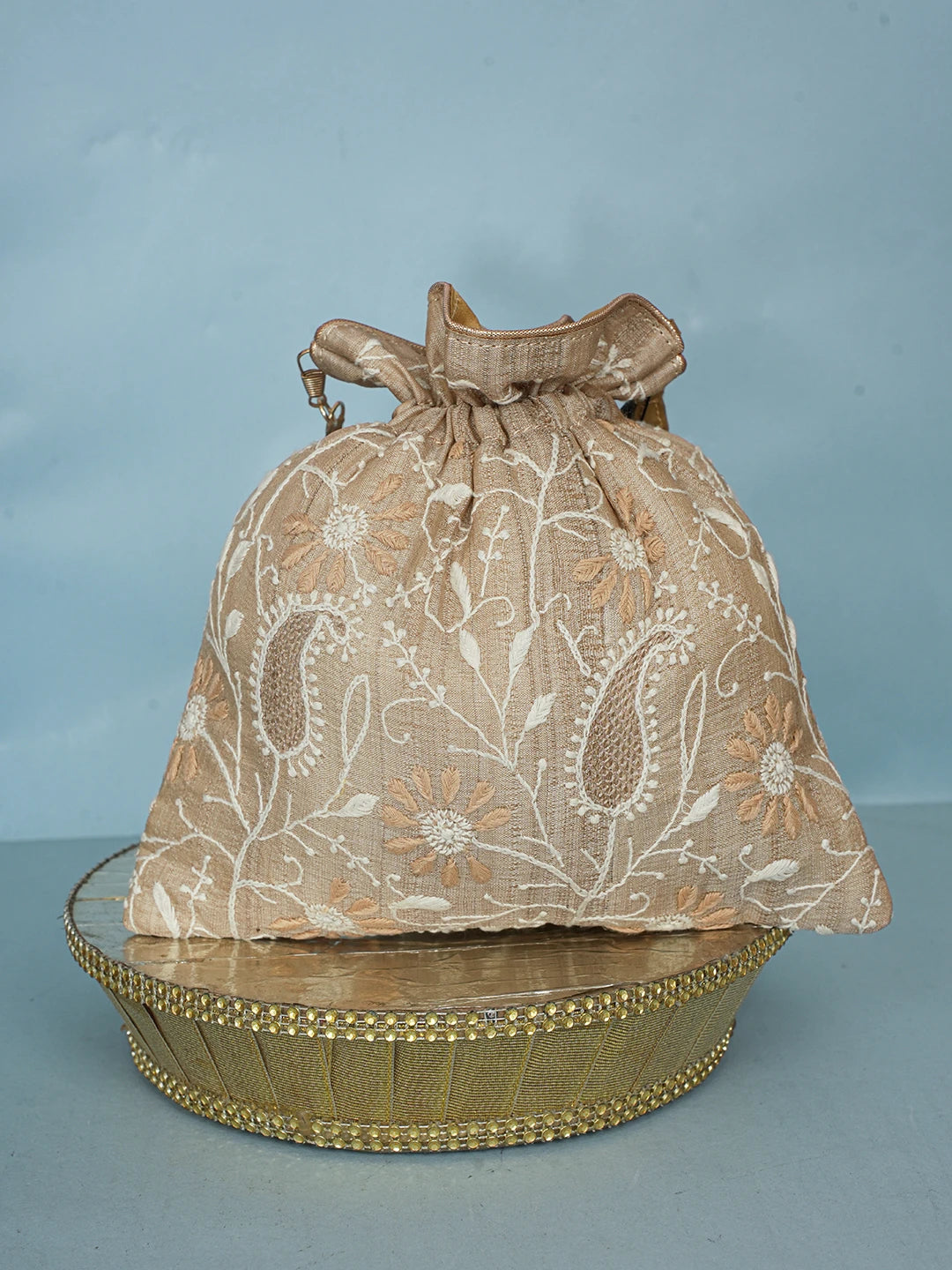Ada Hand Embroidered Fawn Silk Lucknowi Chikankari Potli Bag With Zari Work 01A578122