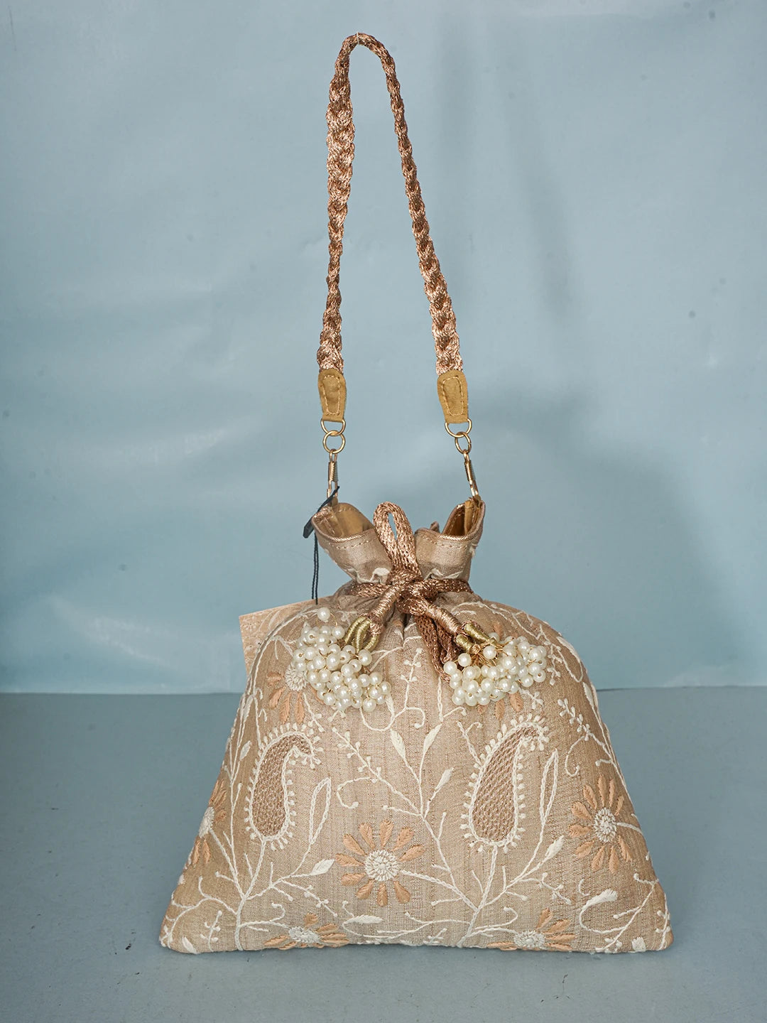 Ada Hand Embroidered Fawn Silk Lucknowi Chikankari Potli Bag With Zari Work 01A578122