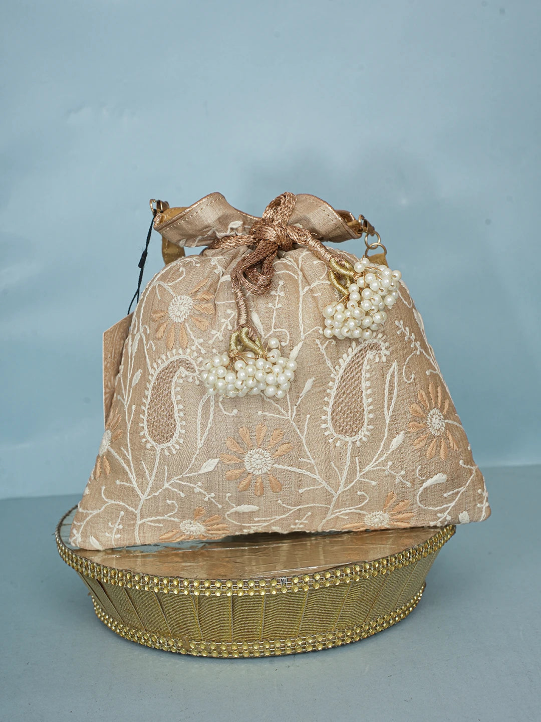 Ada Hand Embroidered Fawn Silk Lucknowi Chikankari Potli Bag With Zari Work 01A578122