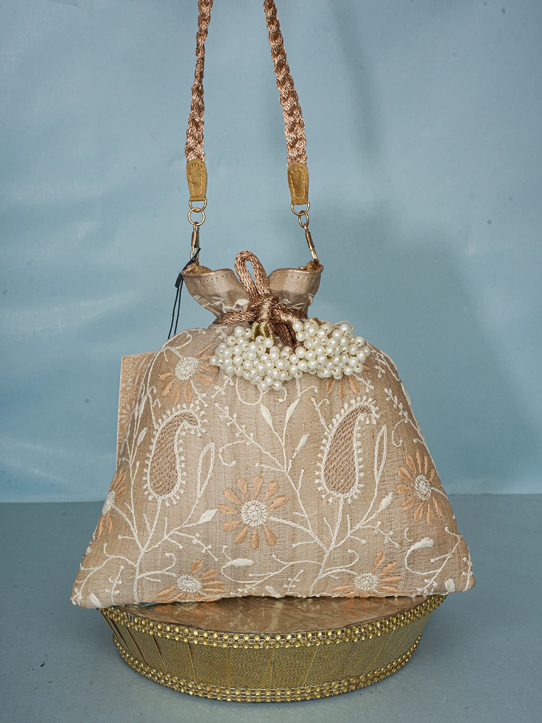Ada Hand Embroidered Fawn Silk Lucknowi Chikankari Potli Bag With Zari Work 01A578122