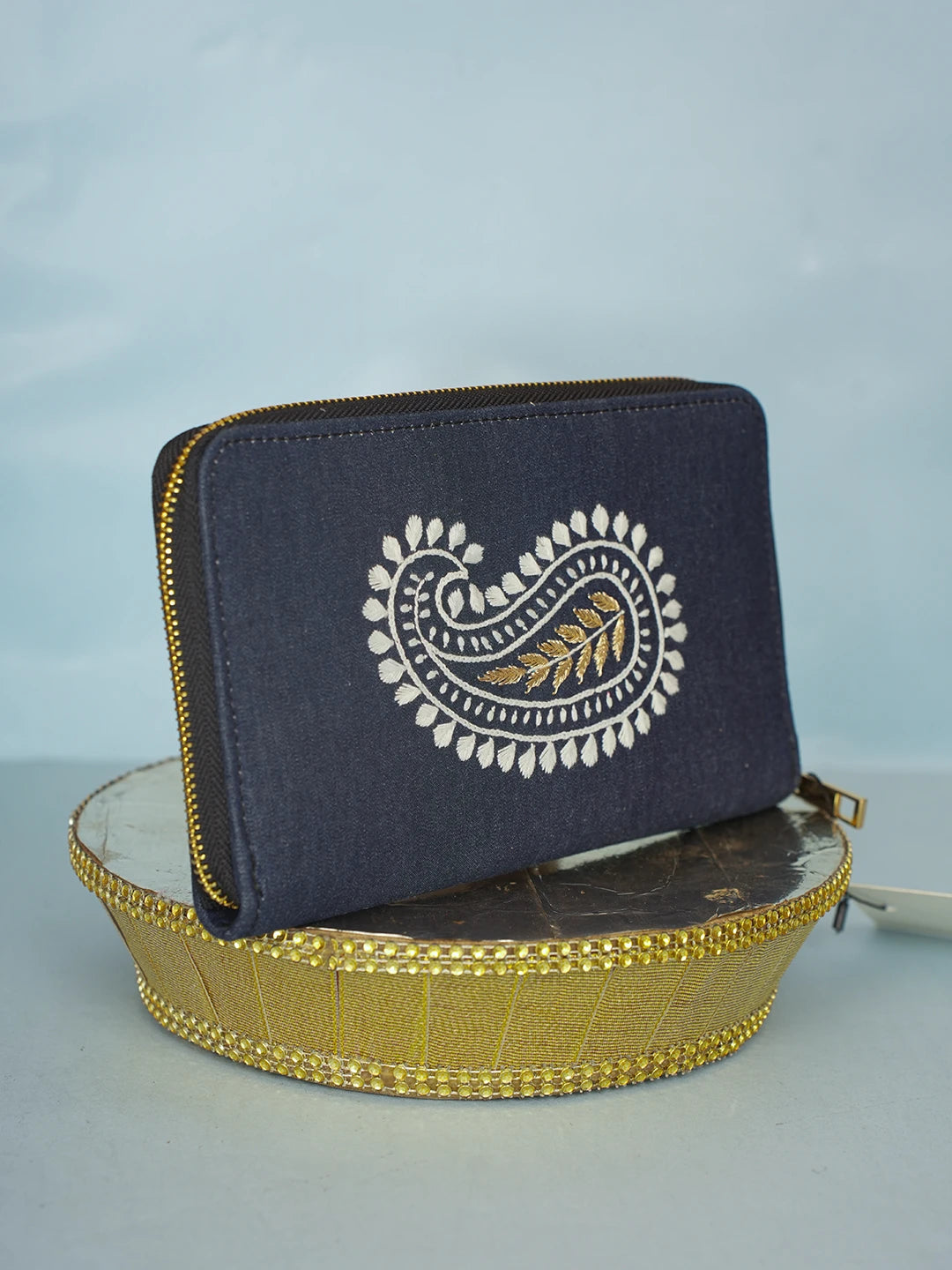 Ada Hand Embroidered Navy Blue Denim Lucknowi Chikankari Clutch With Zari Work 01A583864