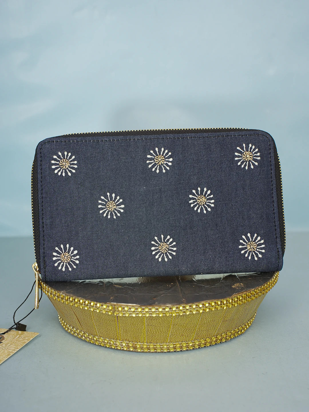 Ada Hand Embroidered Navy Blue Denim Lucknowi Chikankari Clutch With Zari Work 01A583864