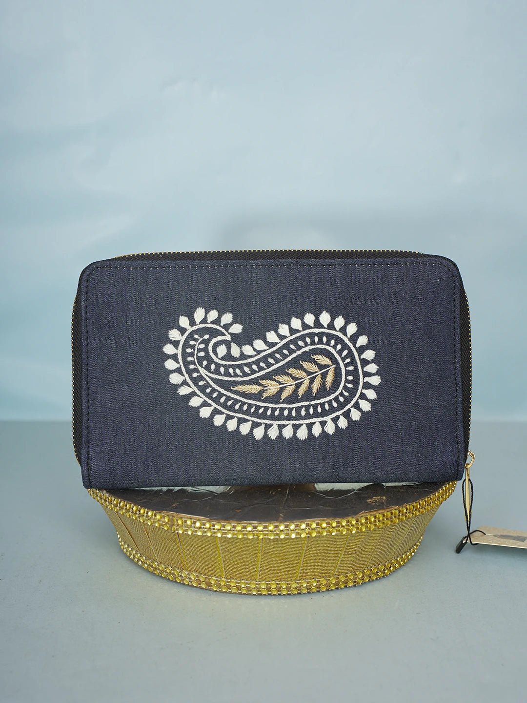 Ada Hand Embroidered Navy Blue Denim Lucknowi Chikankari Clutch With Zari Work 01A583864