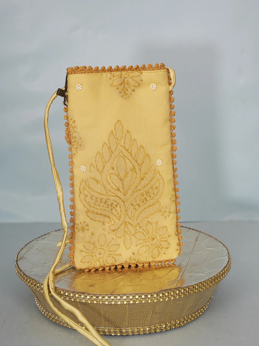 Ada Hand Embroidered Fawn Cotton Lucknowi Chikankari Mobile Cover With Pearl Work 01A571057