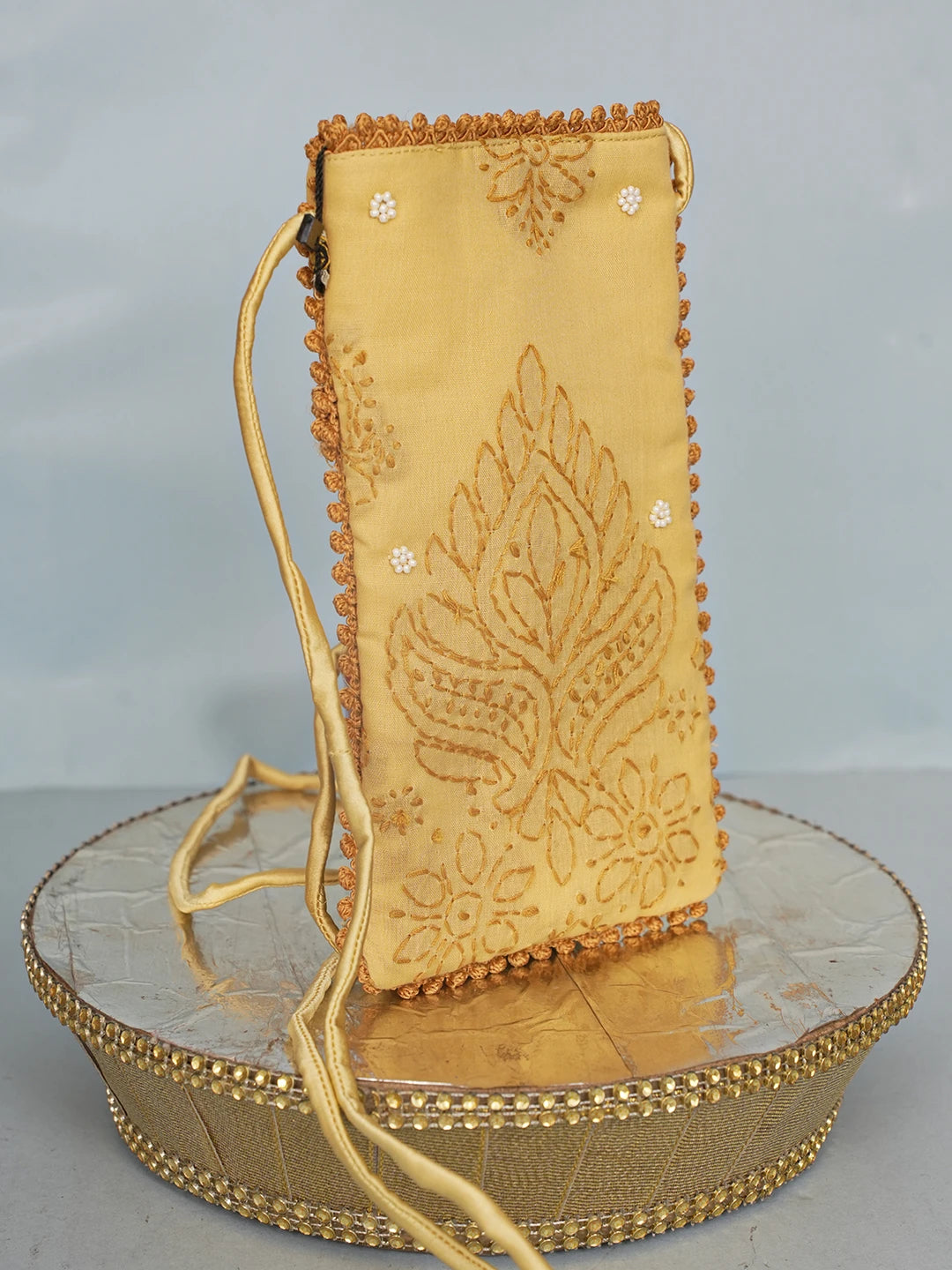 Ada Hand Embroidered Fawn Cotton Lucknowi Chikankari Mobile Cover With Pearl Work 01A571057
