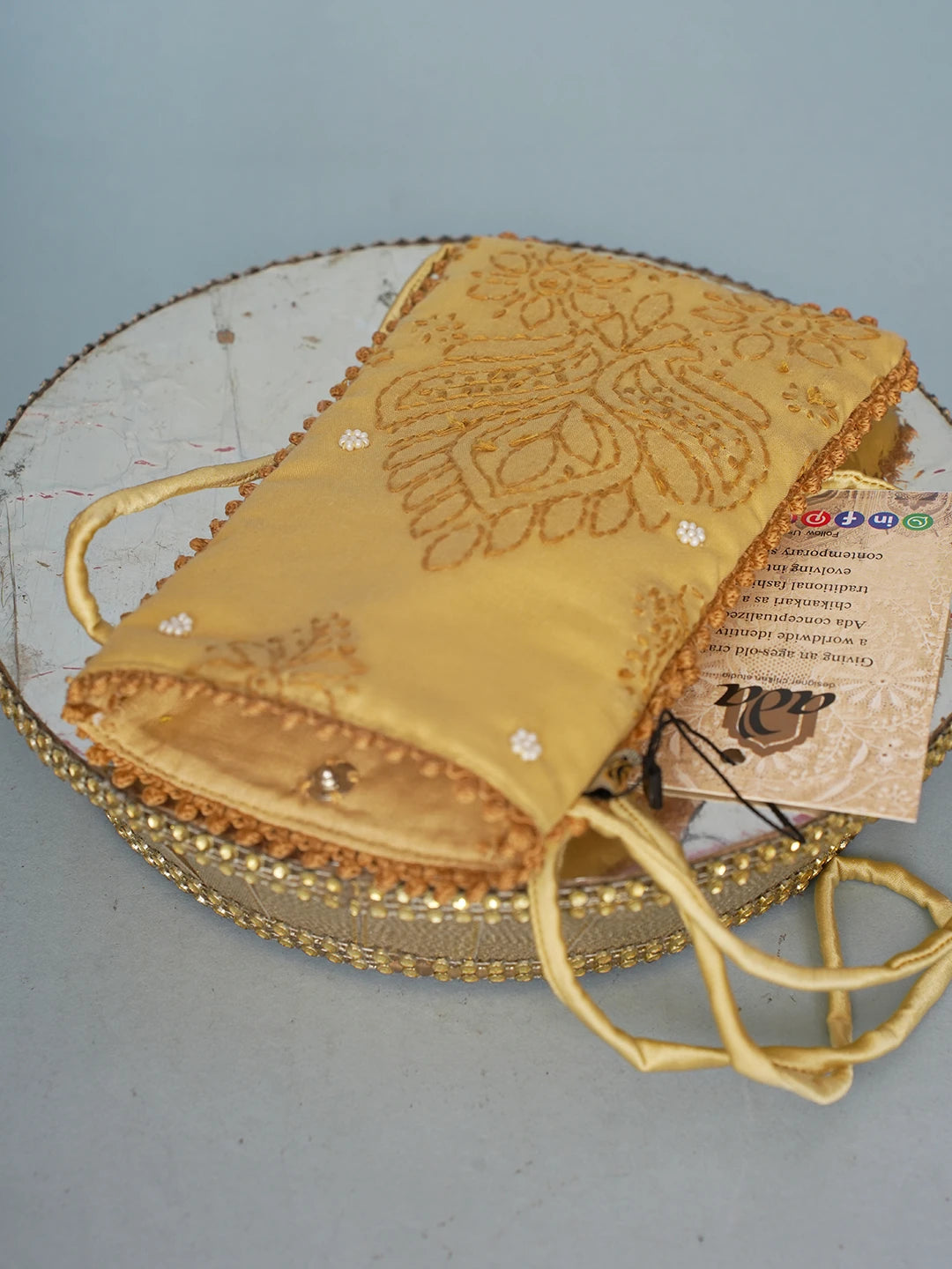 Ada Hand Embroidered Fawn Cotton Lucknowi Chikankari Mobile Cover With Pearl Work 01A571057