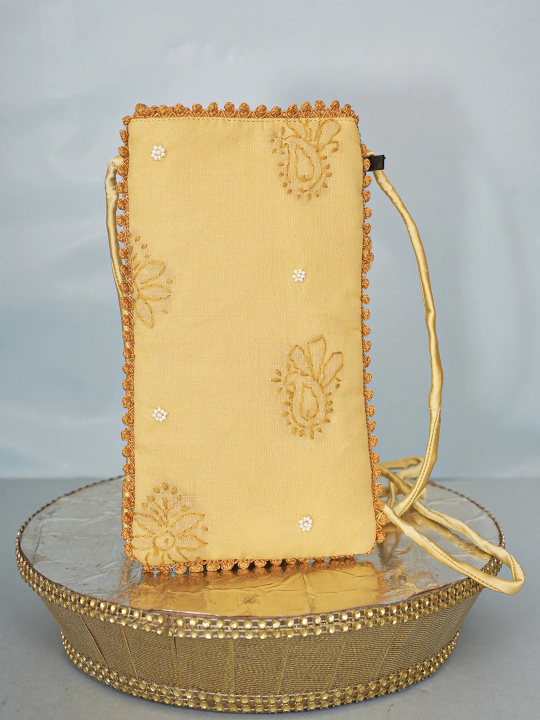 Ada Hand Embroidered Fawn Cotton Lucknowi Chikankari Mobile Cover With Pearl Work 01A571057