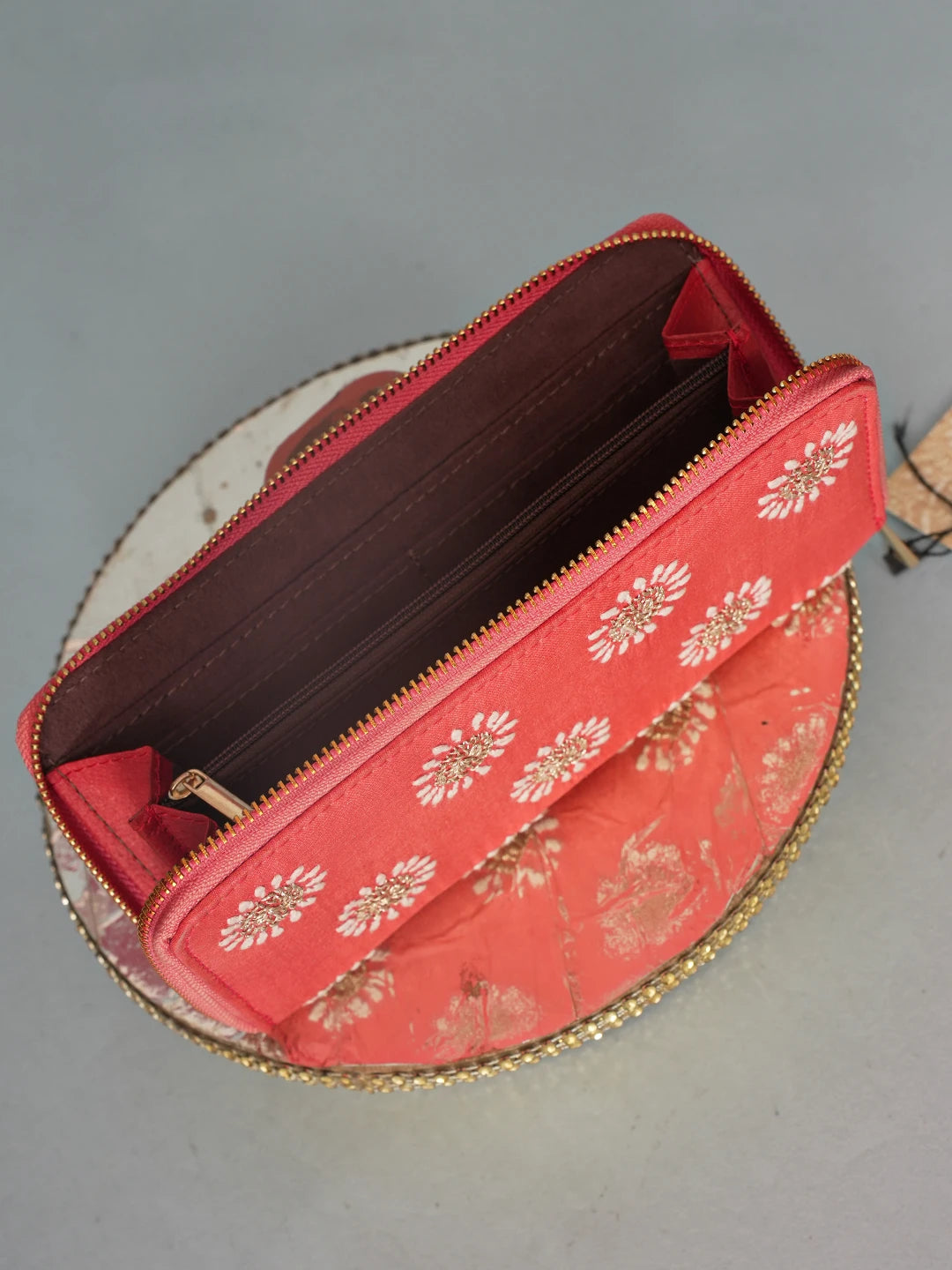 Ada Hand Embroidered Carrot Pink Silk Lucknowi Chikankari Clutch With Zari Work 01A575749