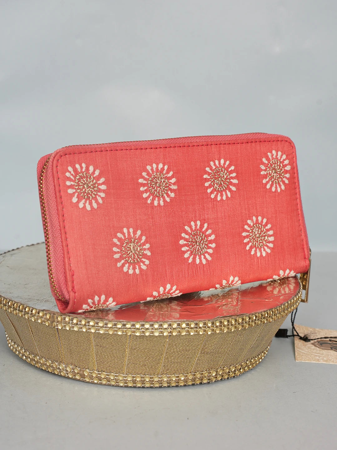 Ada Hand Embroidered Carrot Pink Silk Lucknowi Chikankari Clutch With Zari Work 01A575749