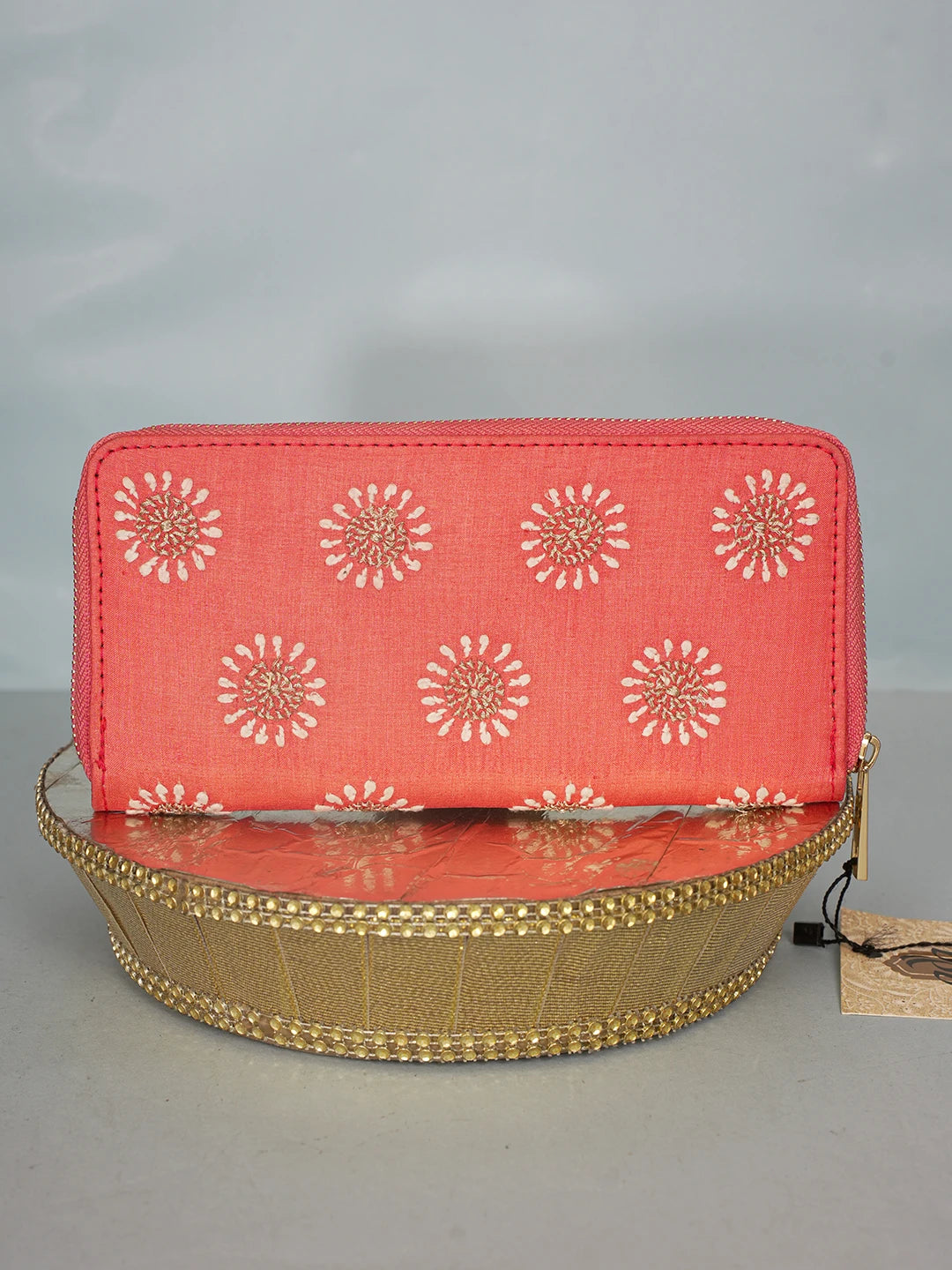 Ada Hand Embroidered Carrot Pink Silk Lucknowi Chikankari Clutch With Zari Work 01A575749