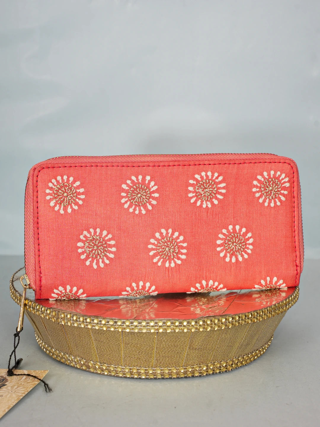 Ada Hand Embroidered Carrot Pink Silk Lucknowi Chikankari Clutch With Zari Work 01A575749
