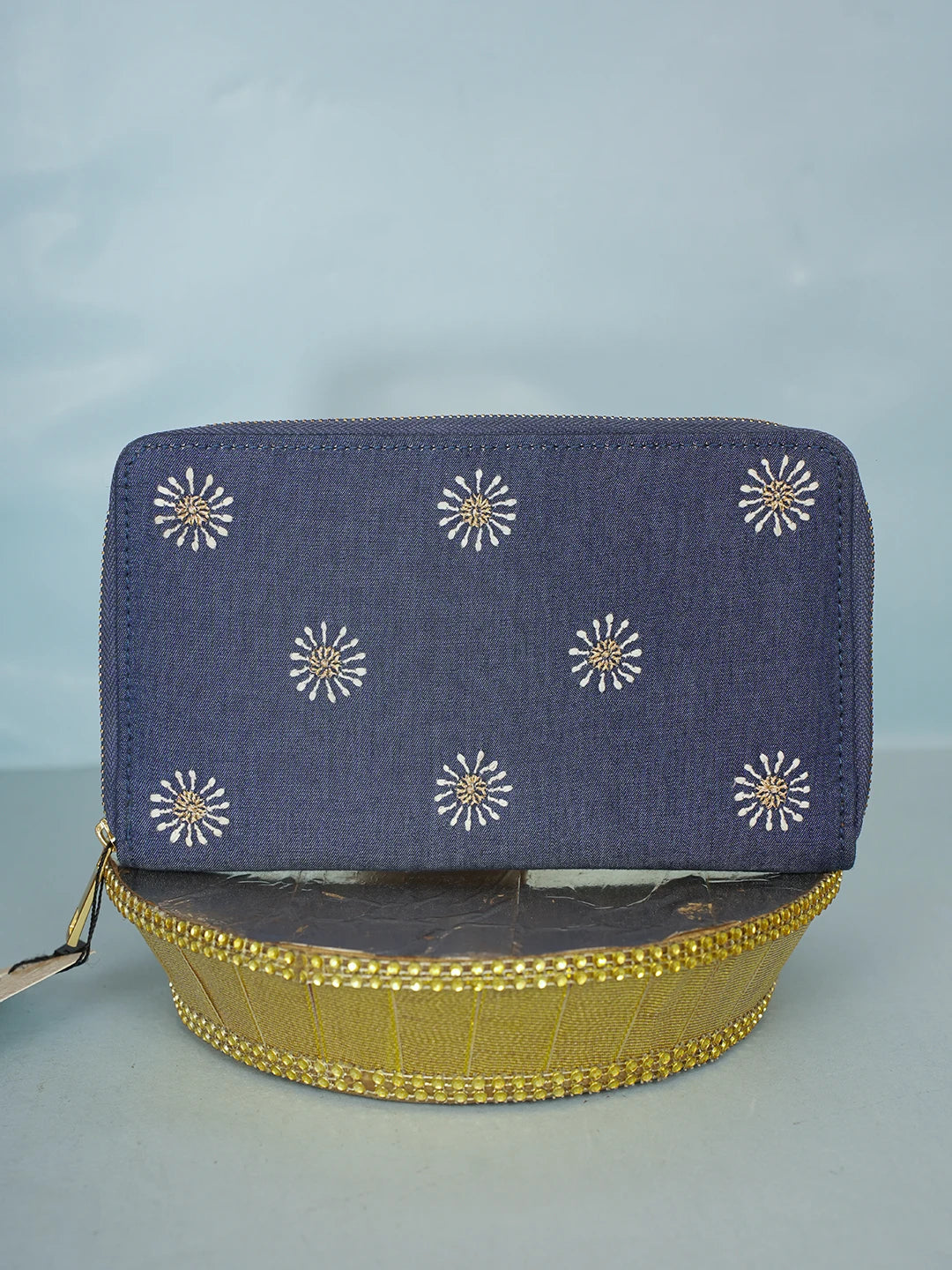 Ada Hand Embroidered Navy Blue Denim Lucknowi Chikankari Clutch With Zari Work 01A583856