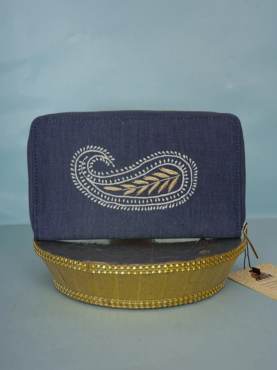 Ada Hand Embroidered Navy Blue Denim Lucknowi Chikankari Clutch With Zari Work 01A583856