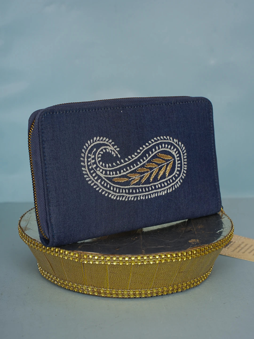 Ada Hand Embroidered Navy Blue Denim Lucknowi Chikankari Clutch With Zari Work 01A583856
