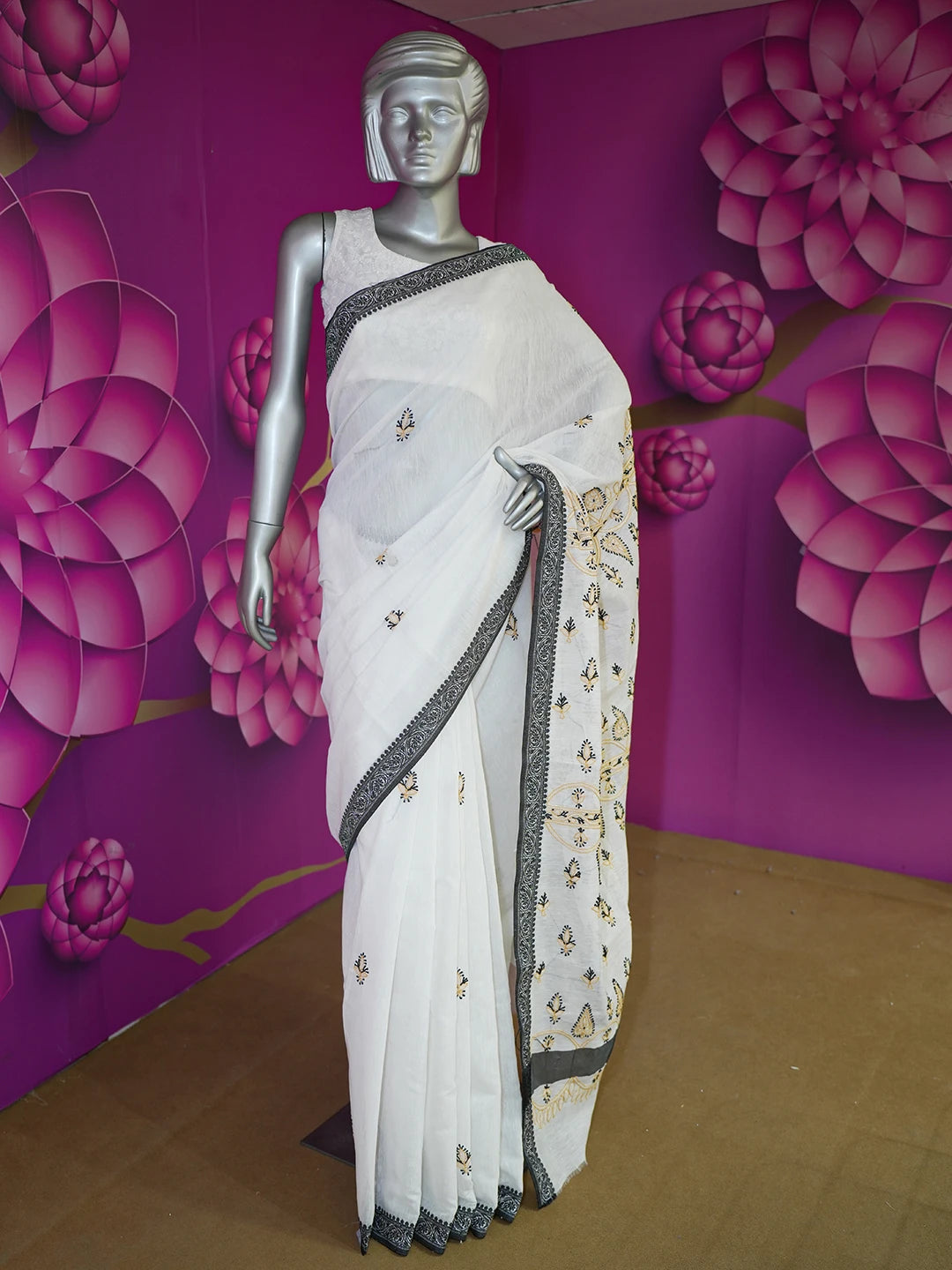 Ada Hand Embroidered White Tissue Lucknowi Chikankari Saree With Blouse 01A575516