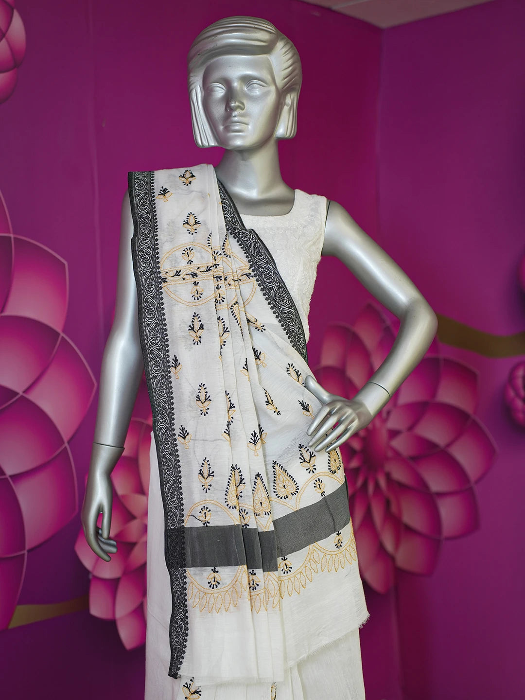 Ada Hand Embroidered White Tissue Lucknowi Chikankari Saree With Blouse 01A575516