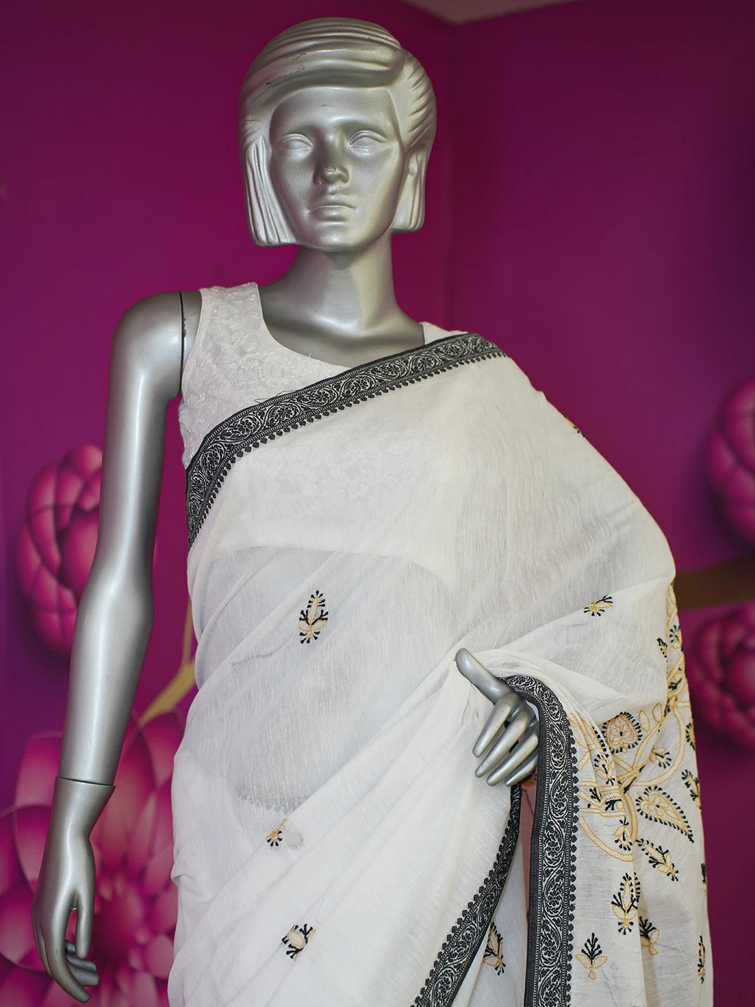 Ada Hand Embroidered White Tissue Lucknowi Chikankari Saree With Blouse 01A575516
