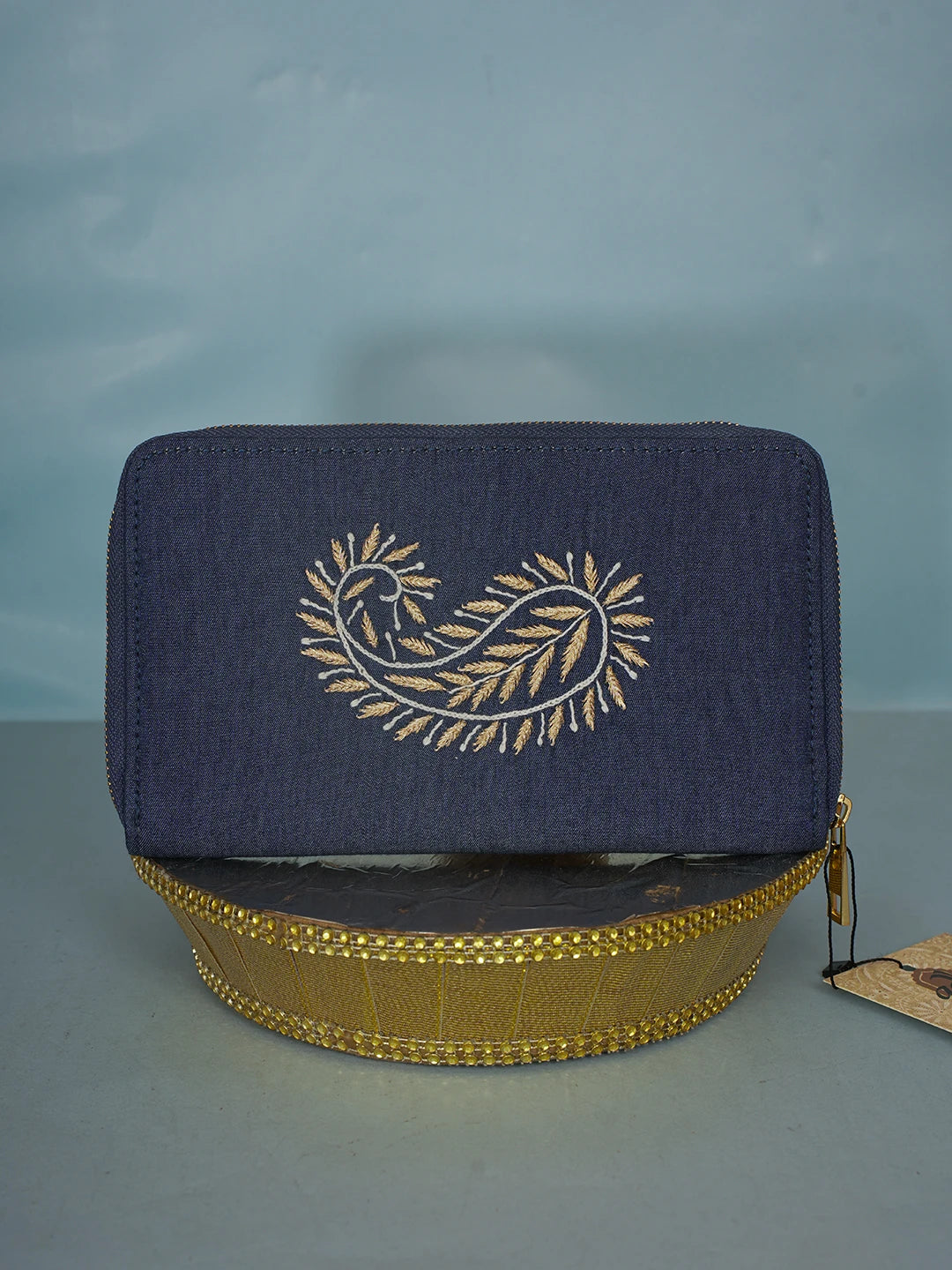 Ada Hand Embroidered Navy Blue Denim Lucknowi Chikankari Clutch With Zari Work 01A583859