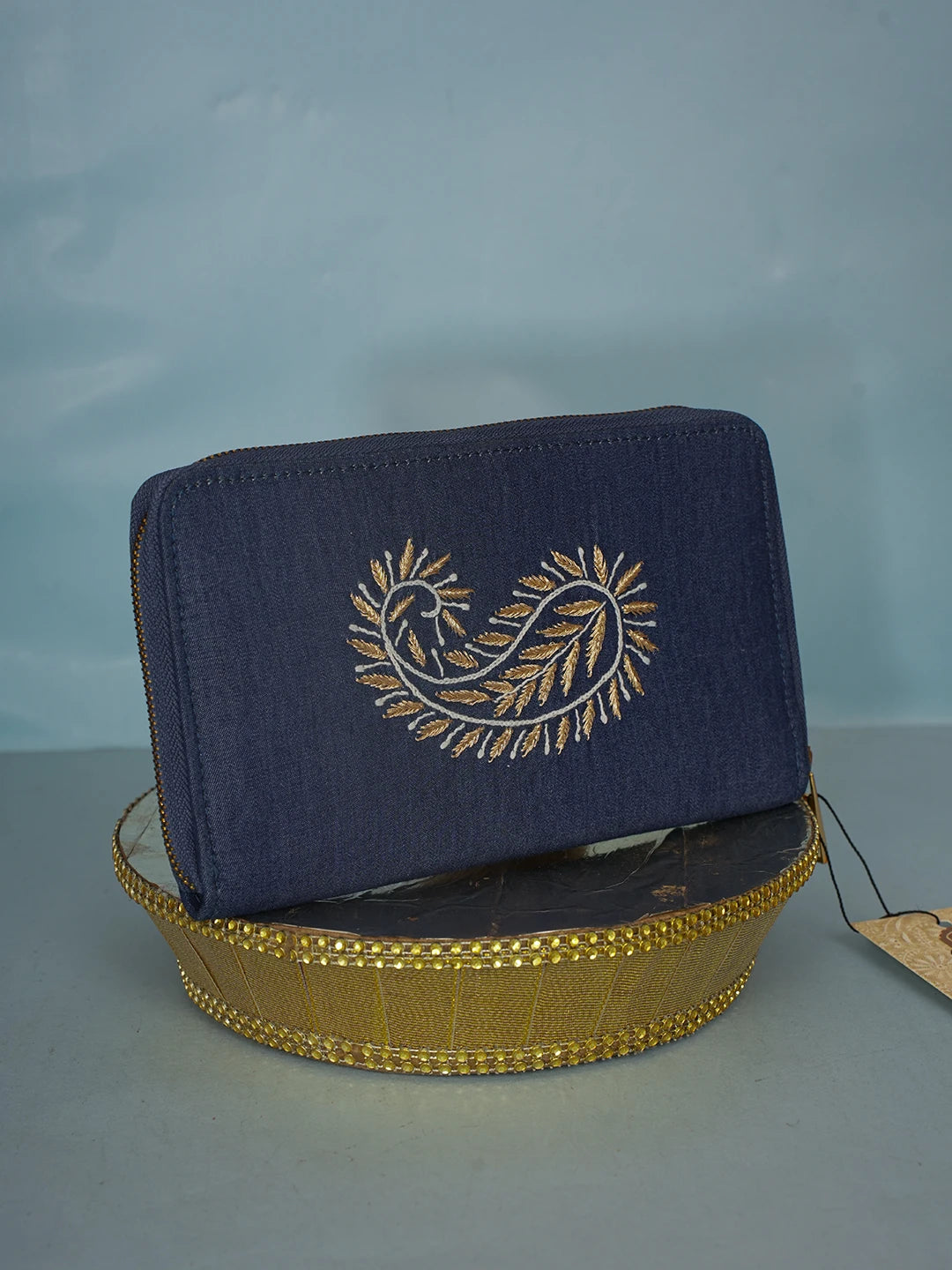 Ada Hand Embroidered Navy Blue Denim Lucknowi Chikankari Clutch With Zari Work 01A583859