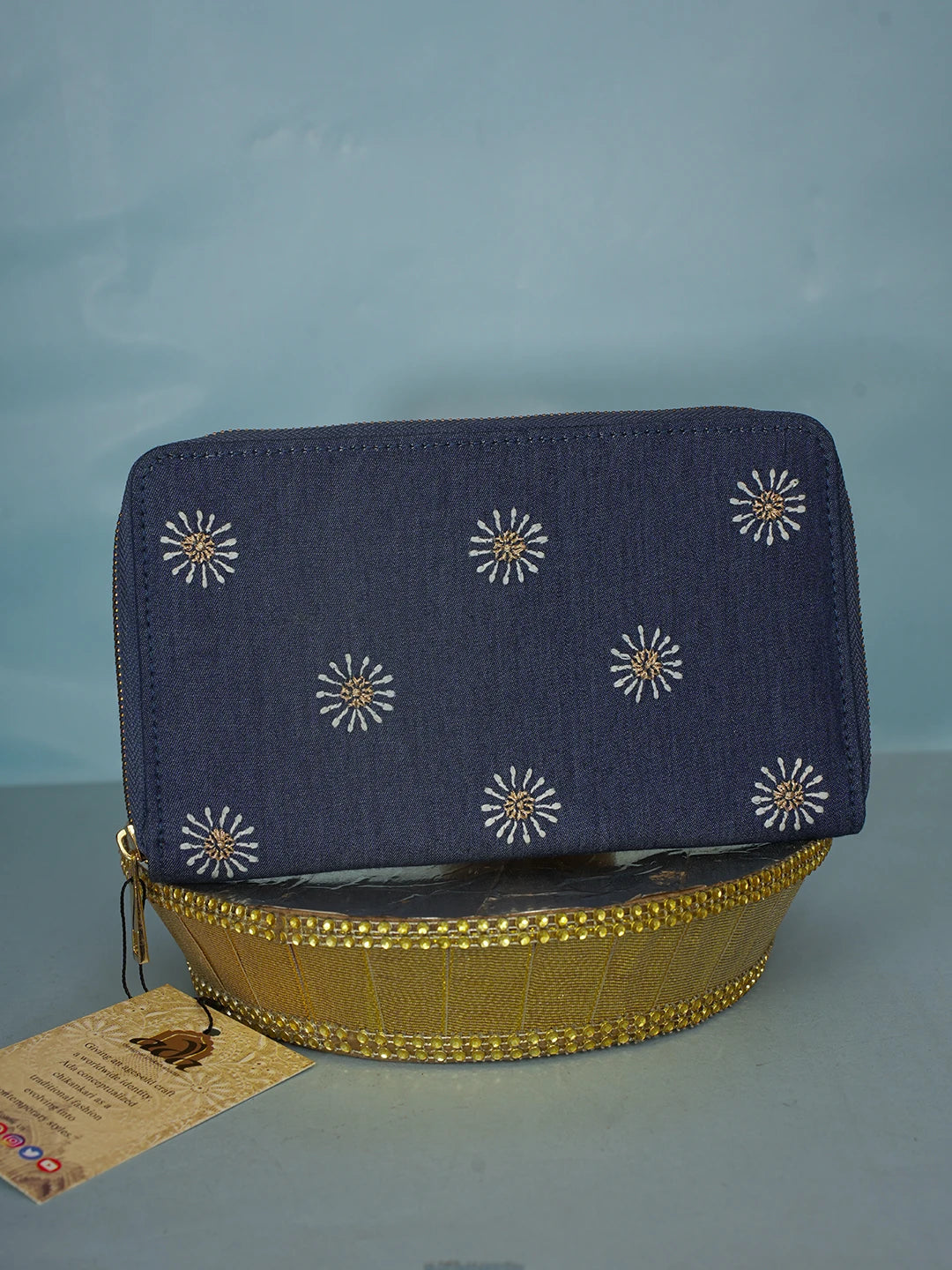 Ada Hand Embroidered Navy Blue Denim Lucknowi Chikankari Clutch With Zari Work 01A583859