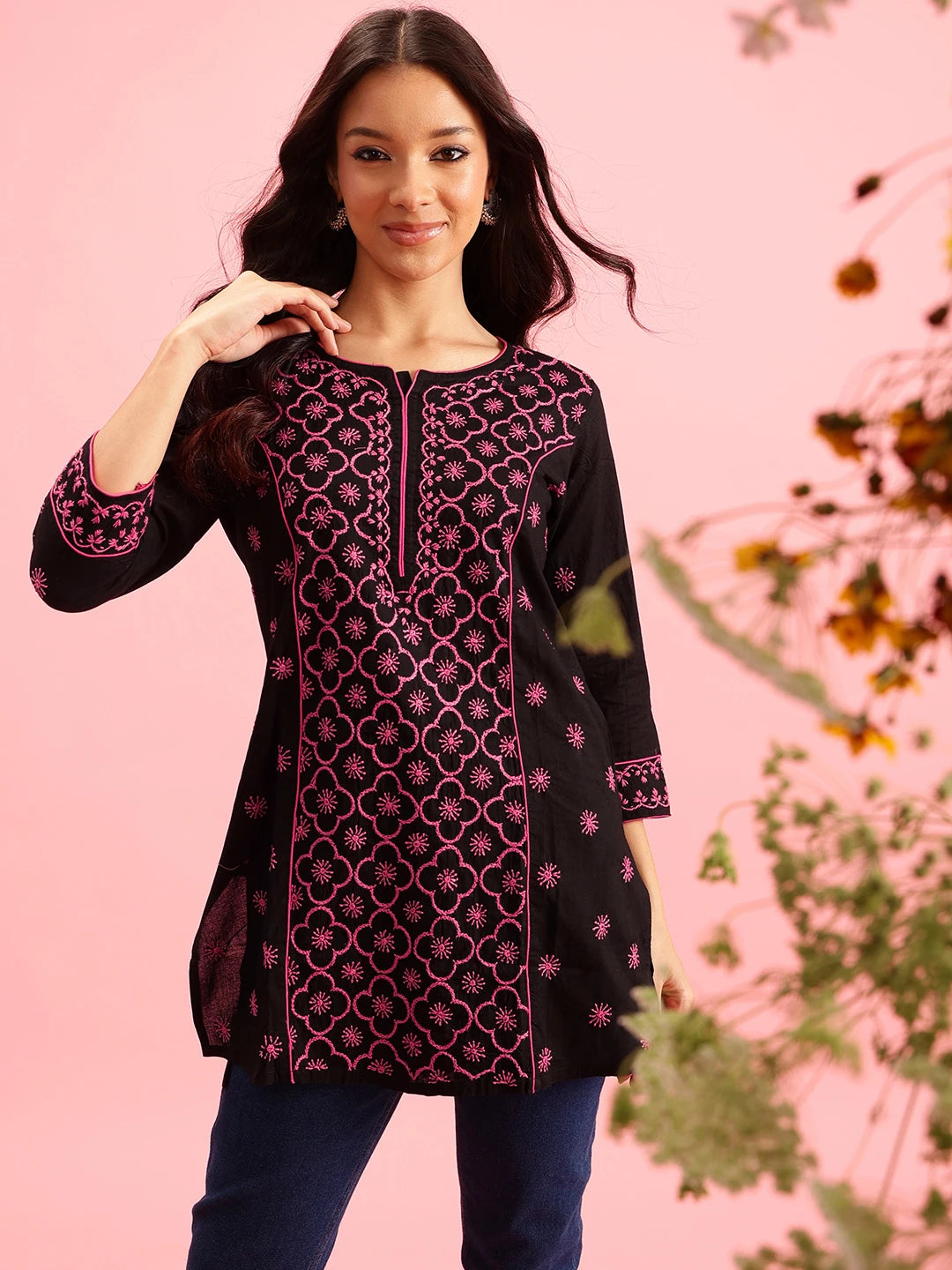 Ada Hand Embroidered Black Cotton Lucknowi Chikankari Straight Kurti A911371