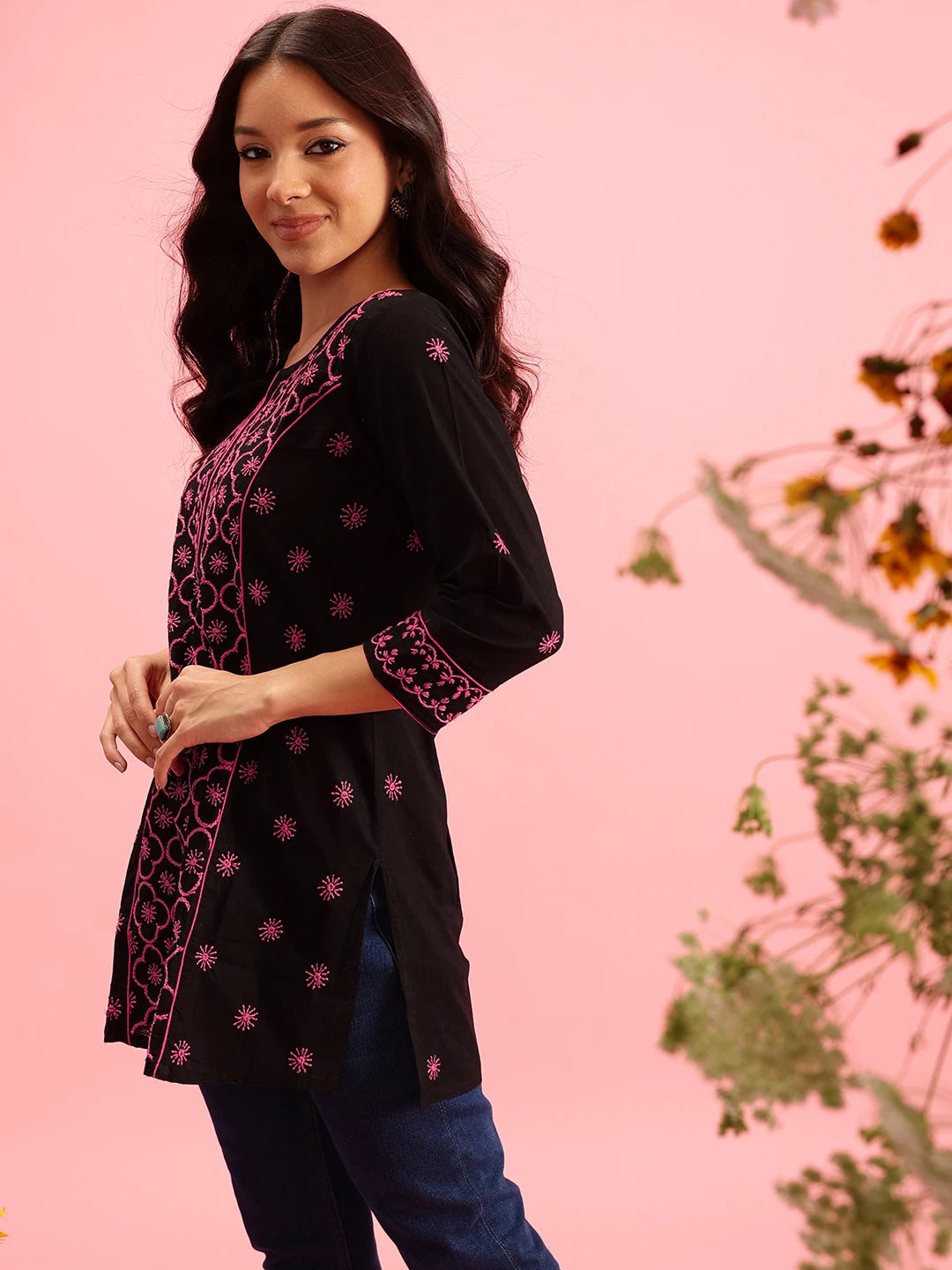 Ada Hand Embroidered Black Cotton Lucknowi Chikankari Straight Kurti A911371