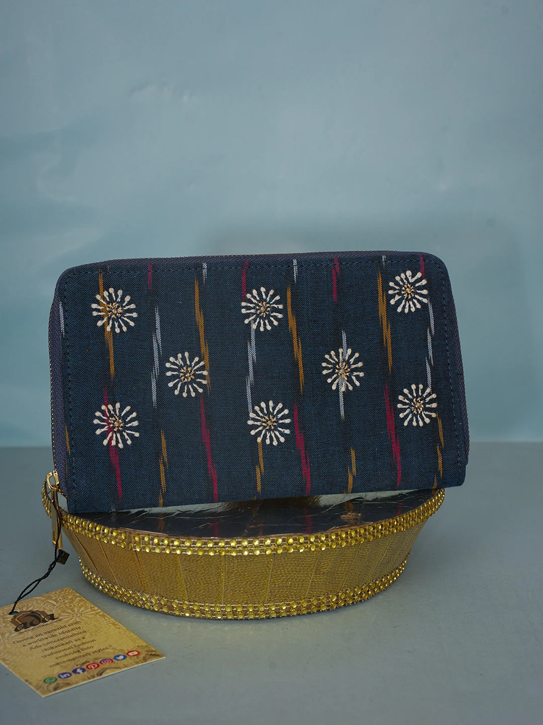 Ada Hand Embroidered Navy Blue Denim Lucknowi Chikankari Clutch With Zari Work 01A583866