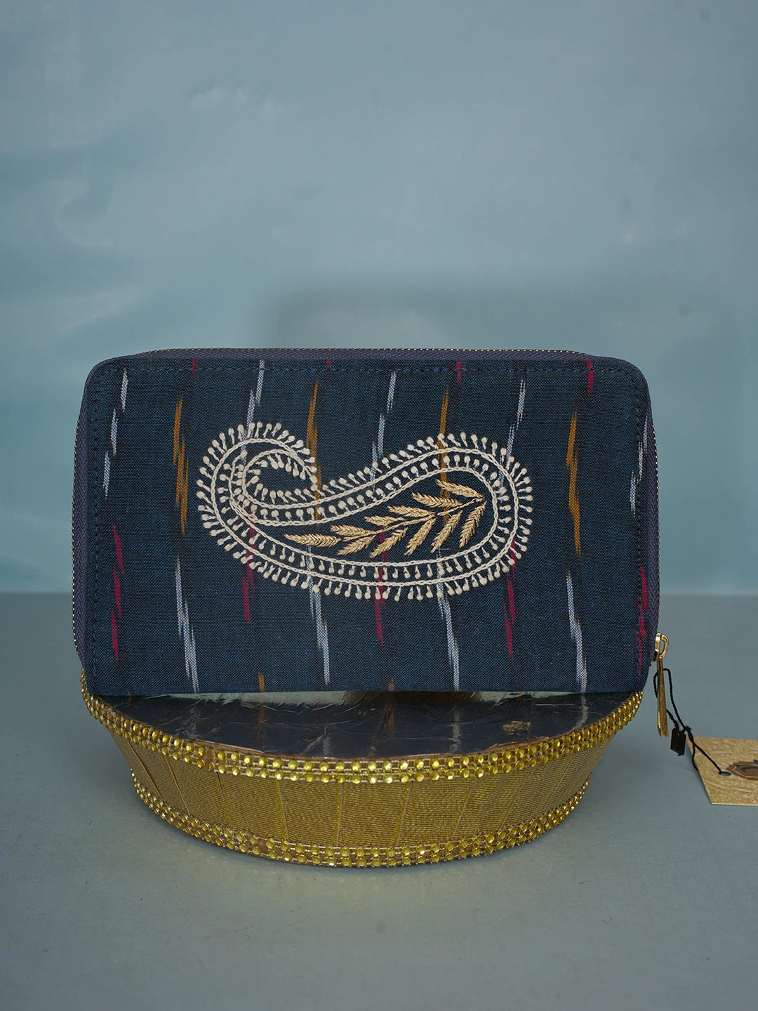 Ada Hand Embroidered Navy Blue Denim Lucknowi Chikankari Clutch With Zari Work 01A583866