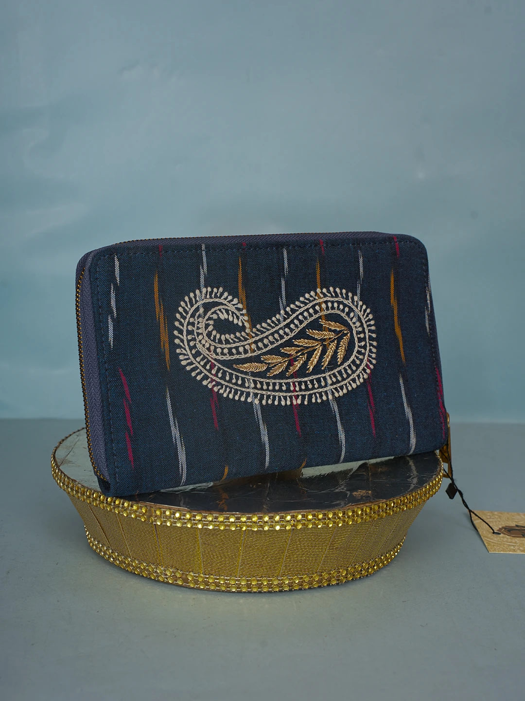 Ada Hand Embroidered Navy Blue Denim Lucknowi Chikankari Clutch With Zari Work 01A583866