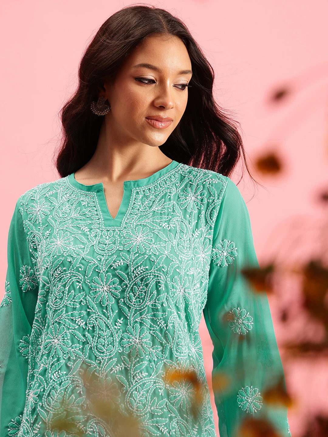 Ada Hand Embroidered Sea Green Georgette Lucknowi Chikankari Straight Kurti A911224