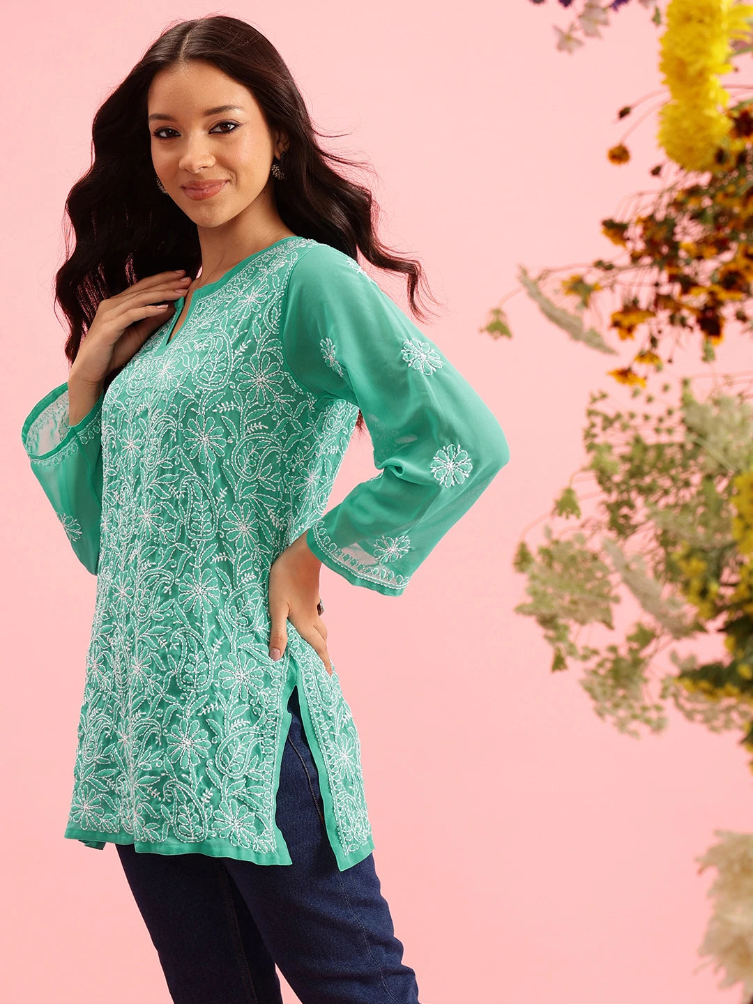 Ada Hand Embroidered Sea Green Georgette Lucknowi Chikankari Straight Kurti A911224