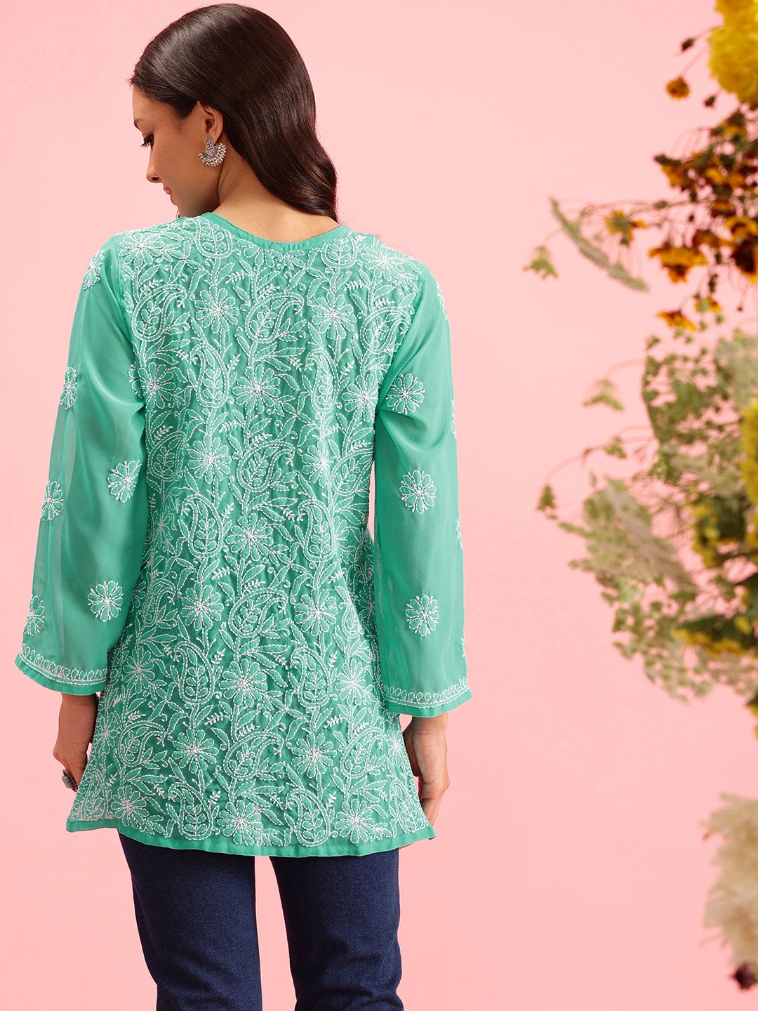Ada Hand Embroidered Sea Green Georgette Lucknowi Chikankari Straight Kurti A911224