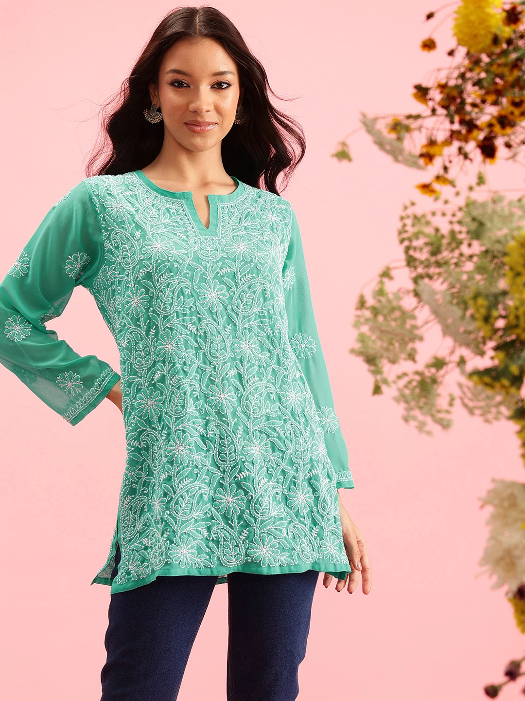 Ada Hand Embroidered Sea Green Georgette Lucknowi Chikankari Straight Kurti A911224