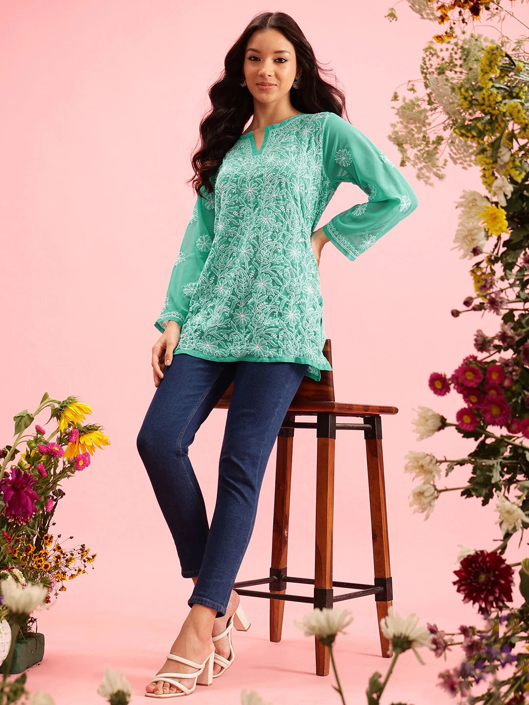 Ada Hand Embroidered Sea Green Georgette Lucknowi Chikankari Straight Kurti A911224