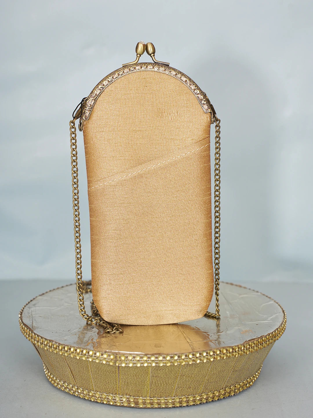Ada Hand Embroidered Fawn Silk Lucknowi Chikankari Mobile Cover With Zari Work 01A582386
