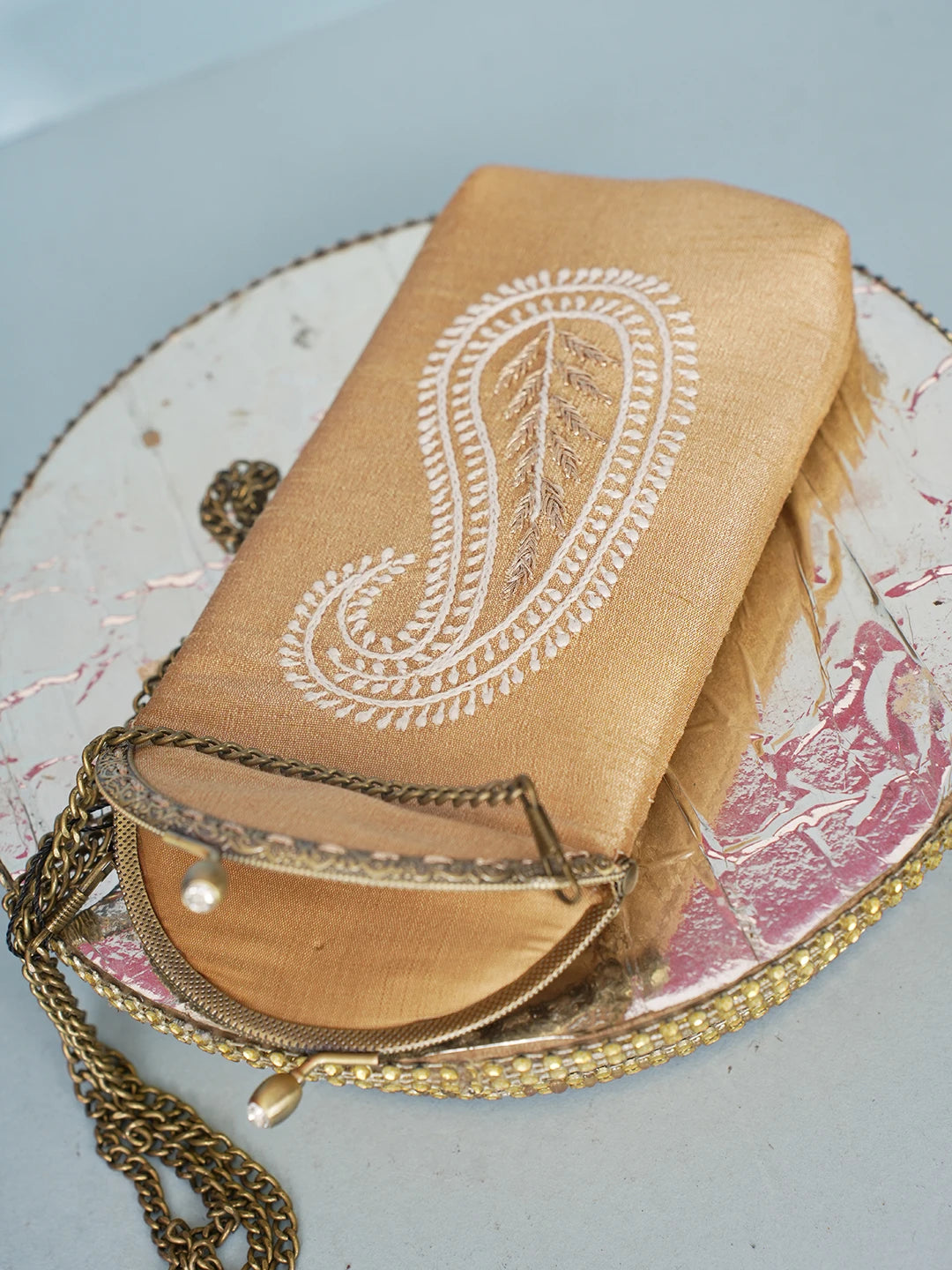 Ada Hand Embroidered Fawn Silk Lucknowi Chikankari Mobile Cover With Zari Work 01A582386