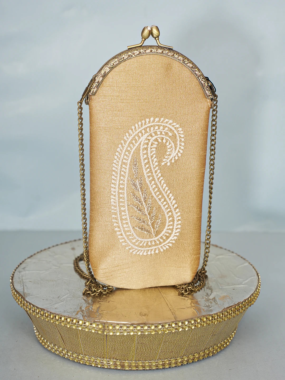 Ada Hand Embroidered Fawn Silk Lucknowi Chikankari Mobile Cover With Zari Work 01A582386