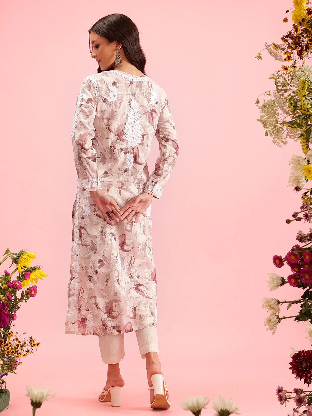 Ada Hand Embroidered Printed Fawn Chanderi Lucknowi Chikankari Straight Kurta A411573