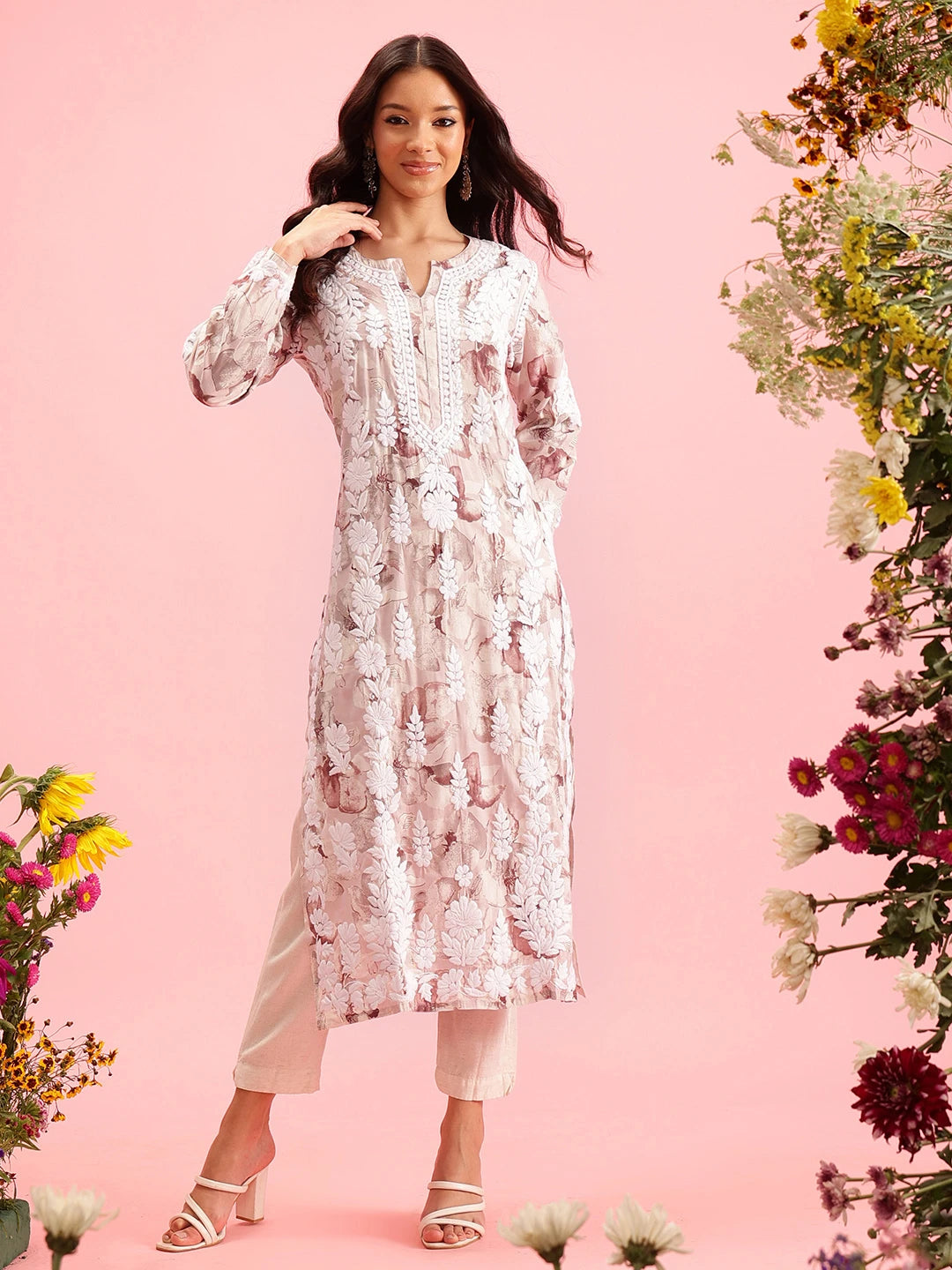 Ada Hand Embroidered Printed Fawn Chanderi Lucknowi Chikankari Straight Kurta A411573