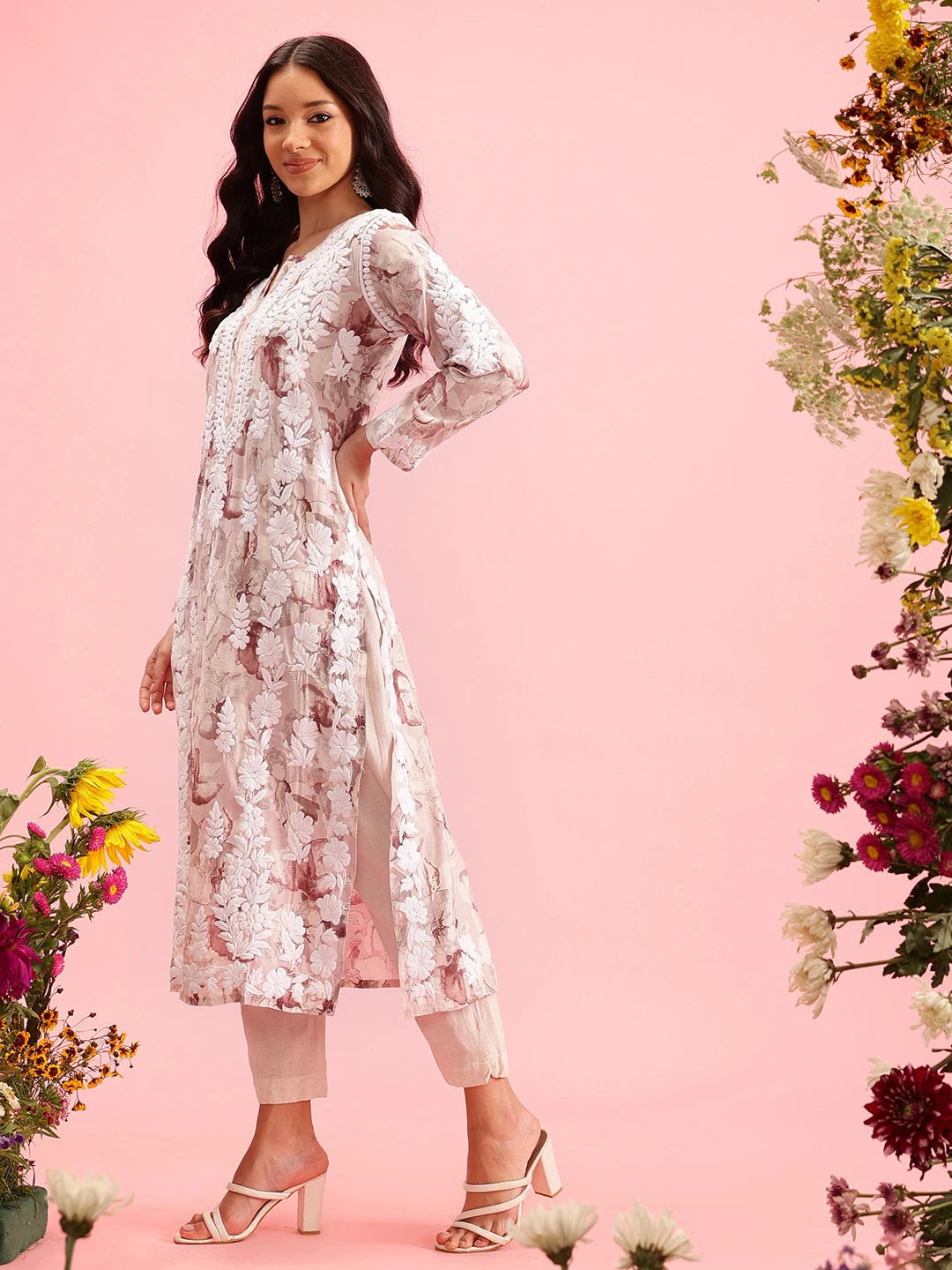 Ada Hand Embroidered Printed Fawn Chanderi Lucknowi Chikankari Straight Kurta A411573