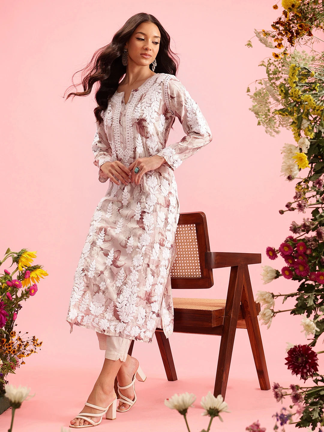 Ada Hand Embroidered Printed Fawn Chanderi Lucknowi Chikankari Straight Kurta A411573