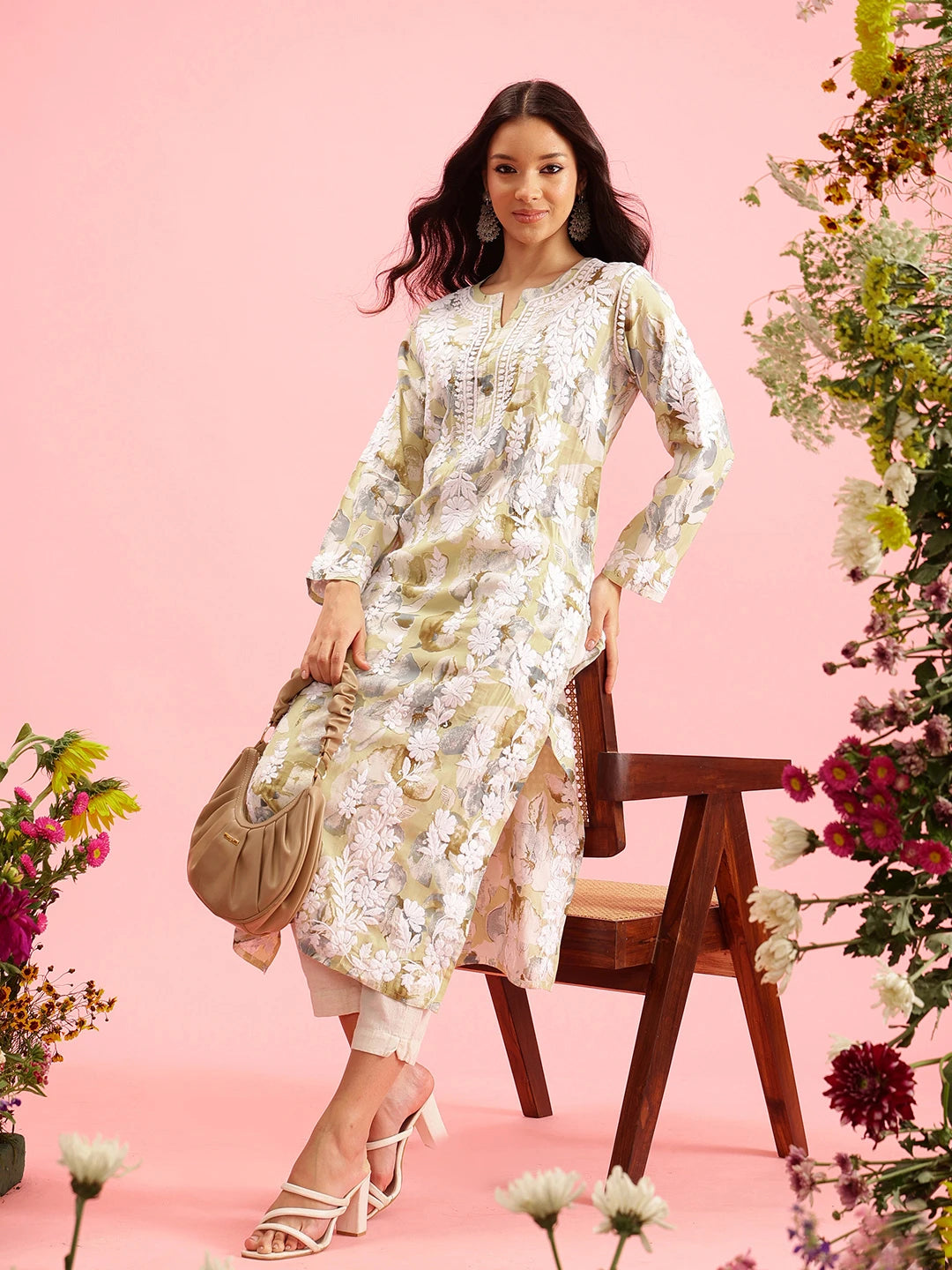 Ada Hand Embroidered Printed Pista Green Chanderi Lucknowi Chikankari Straight Kurta A411572
