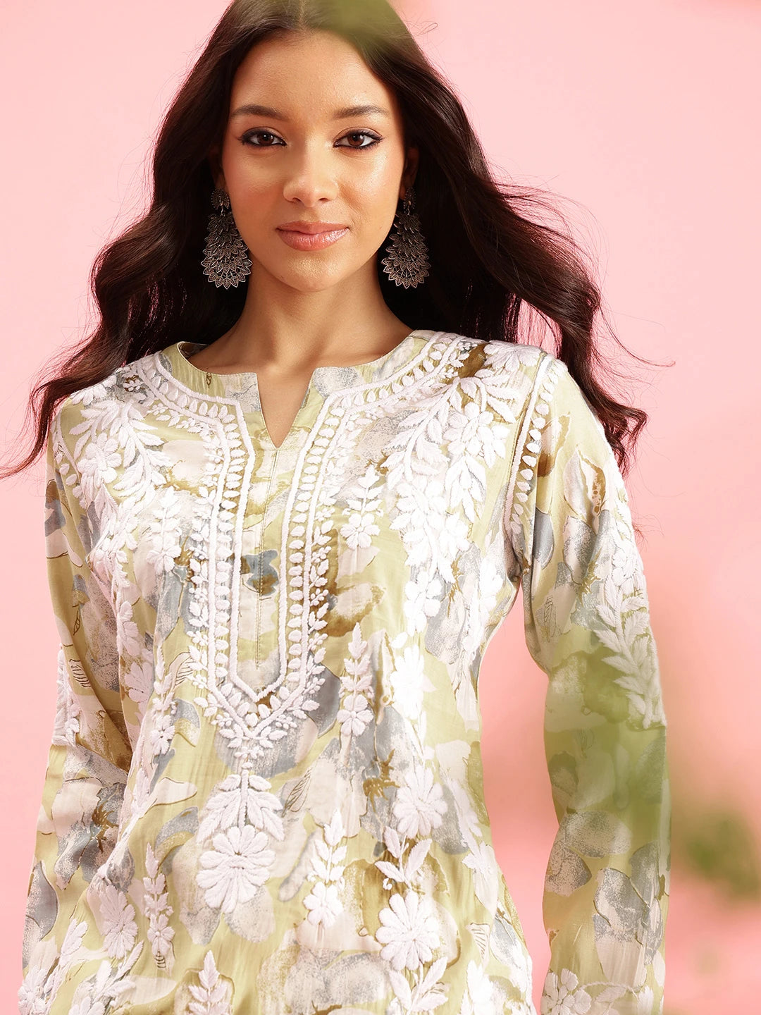Ada Hand Embroidered Printed Pista Green Chanderi Lucknowi Chikankari Straight Kurta A411572