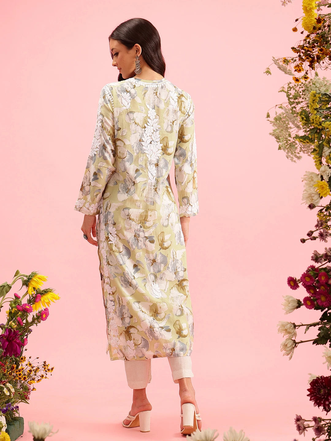 Ada Hand Embroidered Printed Pista Green Chanderi Lucknowi Chikankari Straight Kurta A411572