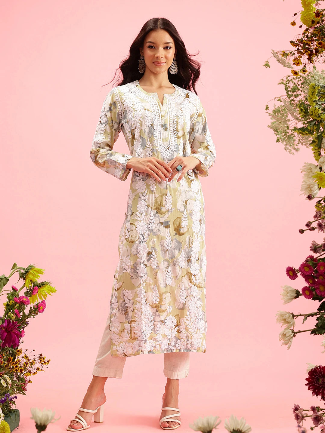Ada Hand Embroidered Printed Pista Green Chanderi Lucknowi Chikankari Straight Kurta A411572